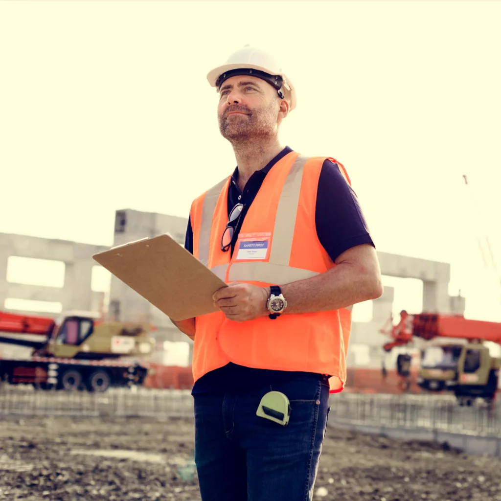 Construction Supervisor Inspecting Infrastructure Project with Clipboard