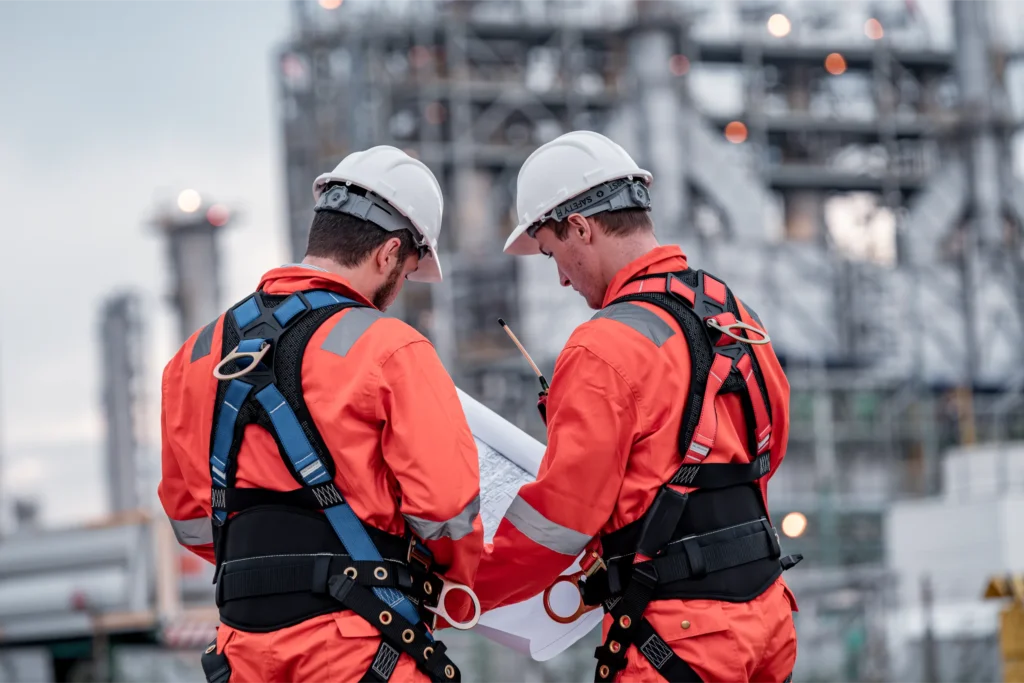 Engineer wear uniform and helmet stand workplace hand holding tablet computer, survey inspection tea
